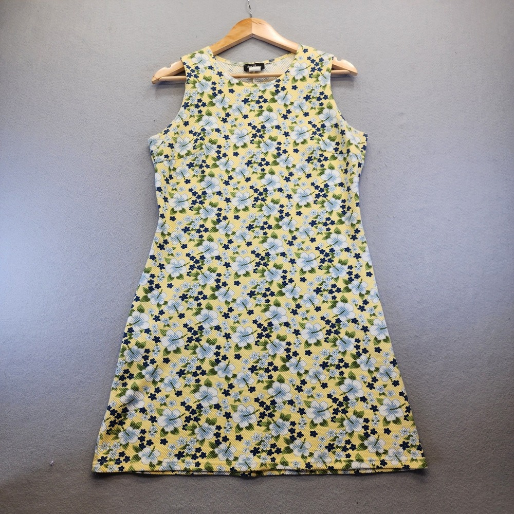 Vintage David Wayne Floral Mini Dress Yellow Blue Hibiscus Sleeveless Shift Med